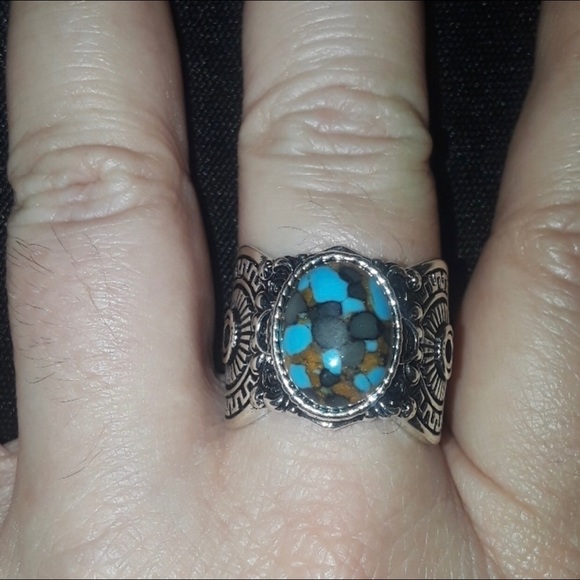 Mojave Turquoise Arizona Copper Purple Marbled Carved Embellished Mayan Ring 9 - Picture 2 of 7